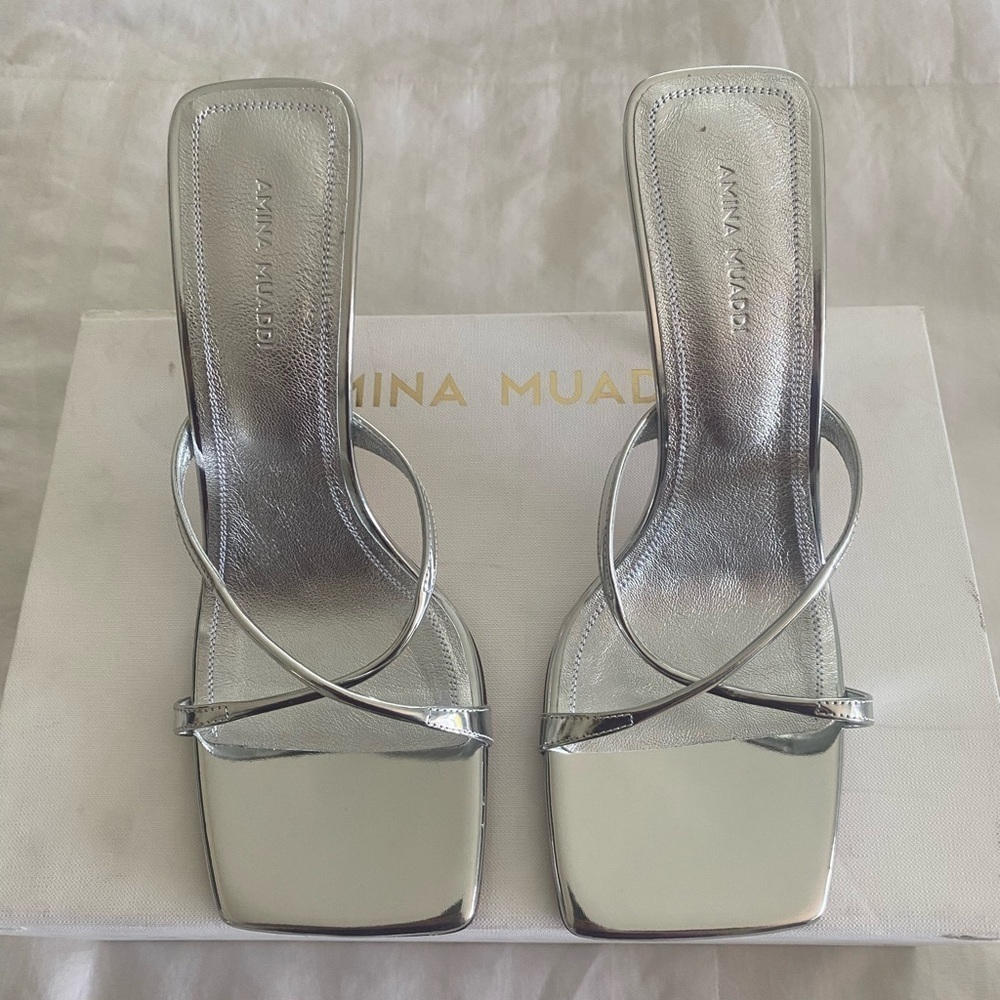✨ NEW! Authentic! Amina Muaddi Silver Strappy Heels – Size 38.5 ✨ Mules